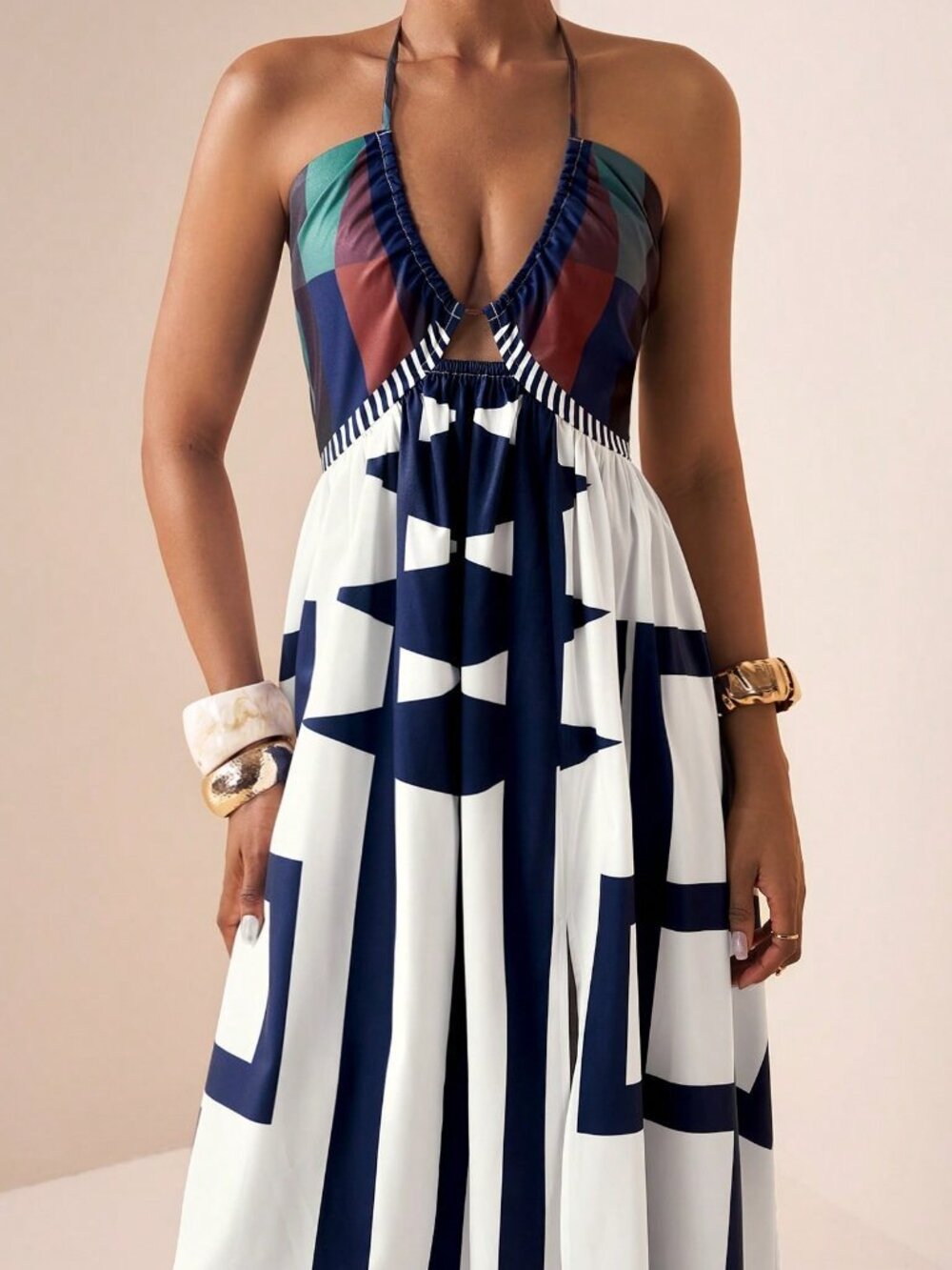 Multicolor Boho Women's Maxi Dress with Spaghetti Straps and Deep V-Neck - Picture 8 of 9